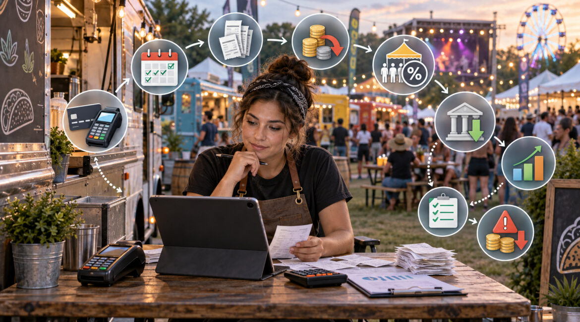 Food truck vendor reconciling festival card sales, fees, and organizer cuts