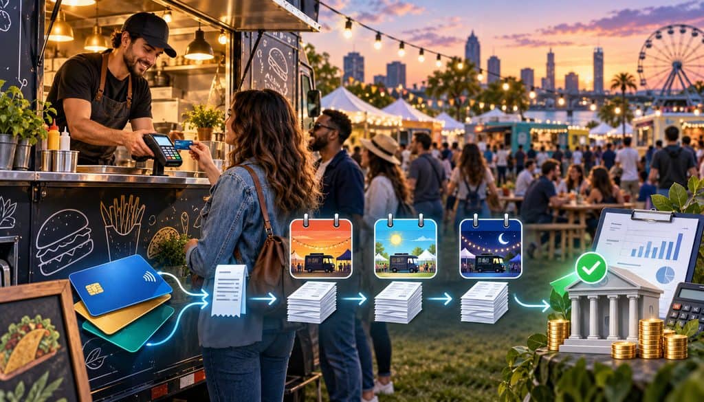Food truck weekend event batch settlement and bank deposit reconciliation