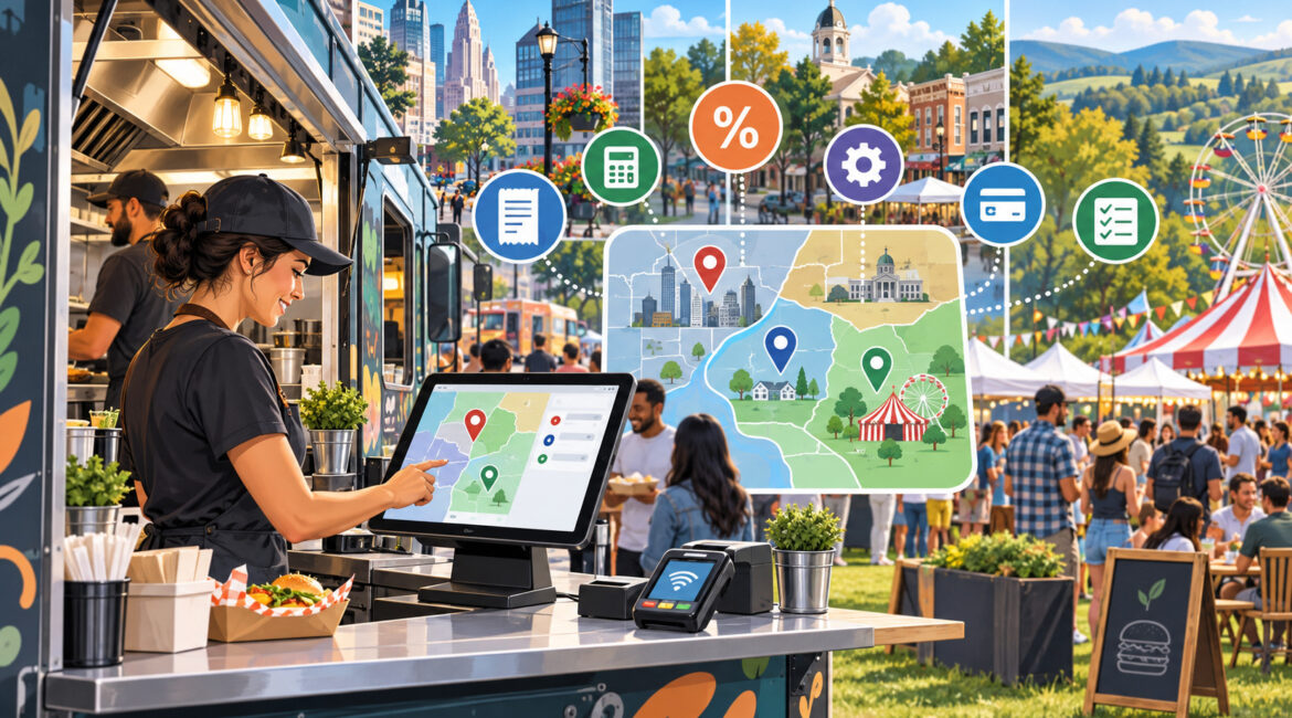 Food truck POS showing location-based sales tax settings for cities, counties, and events