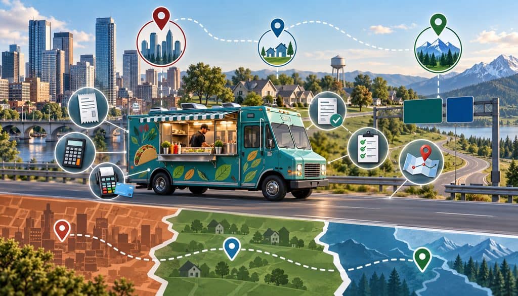 Food truck crossing city, county, and state tax jurisdictions with compliance icons