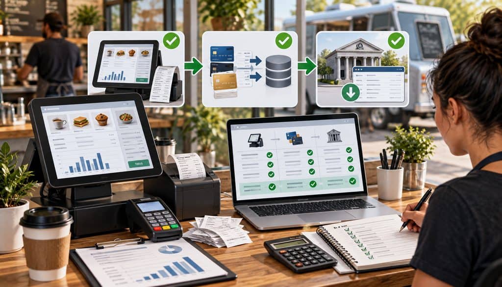 POS sales, payment batches, and bank deposits being reconciled