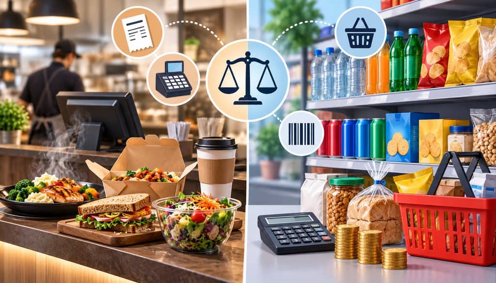 Prepared food and packaged goods with POS and tax icons